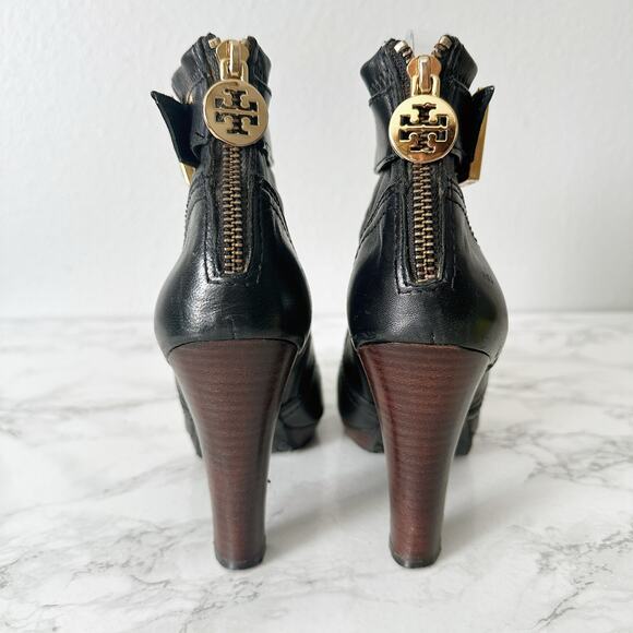 Tory Burch Melrose Black Leather Goldtone Buckle Zipper Bootie Women’s Size 6.5 - Picture 4 of 13